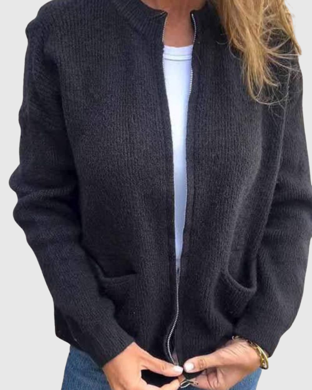 Alvera knit cardigan in black, front view with zip fastening