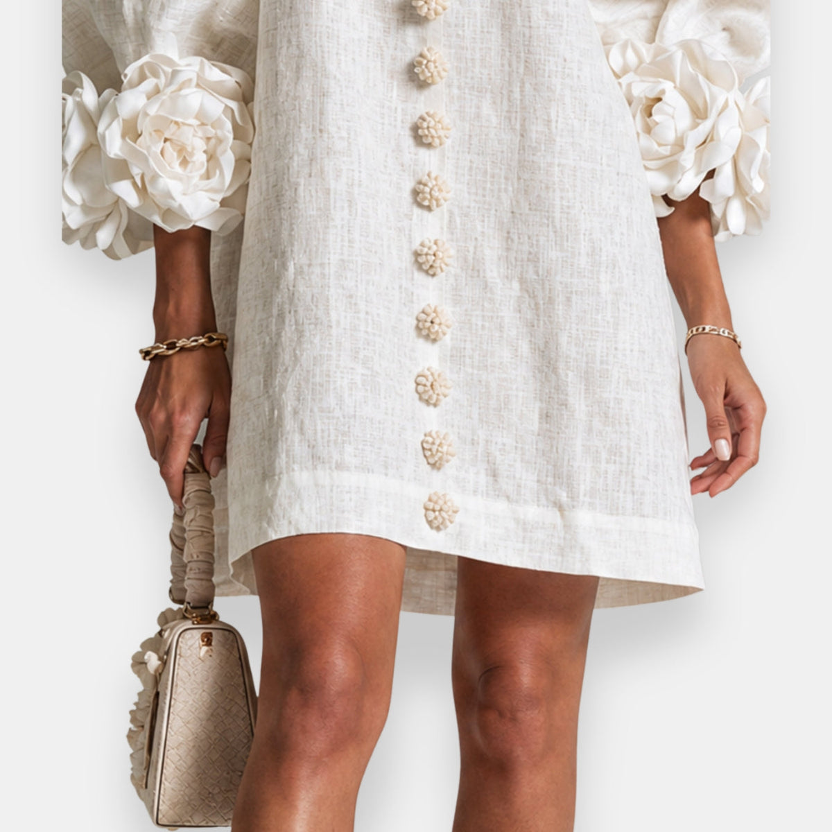 Cecily dress detail showing button row and short hemline