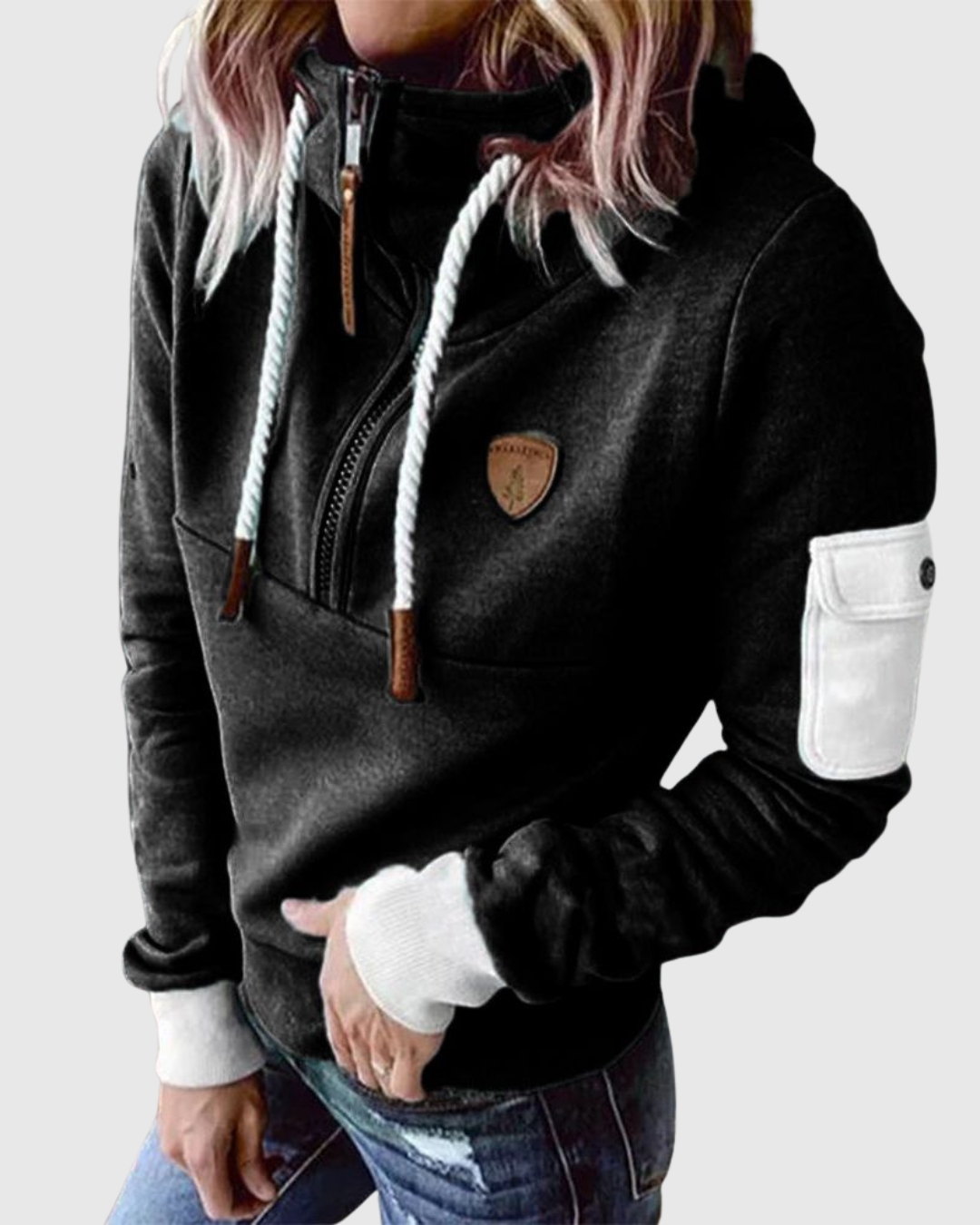 Lois knit pullover in black, hooded front view on model