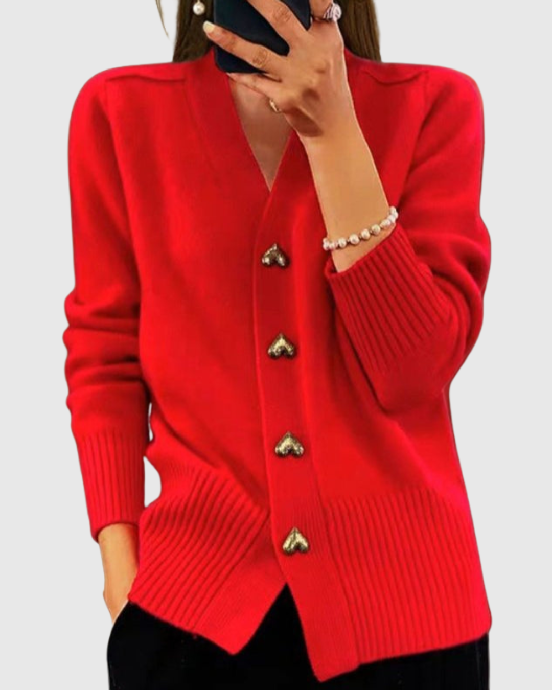 Heart button knit cardigan in red, front view