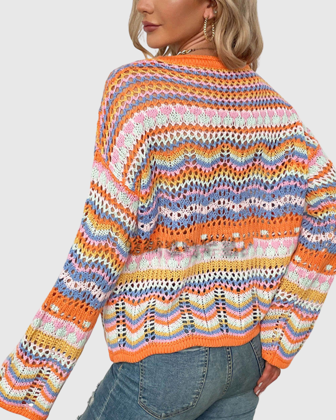 Corvella knit sweater in orange multicolour, back view