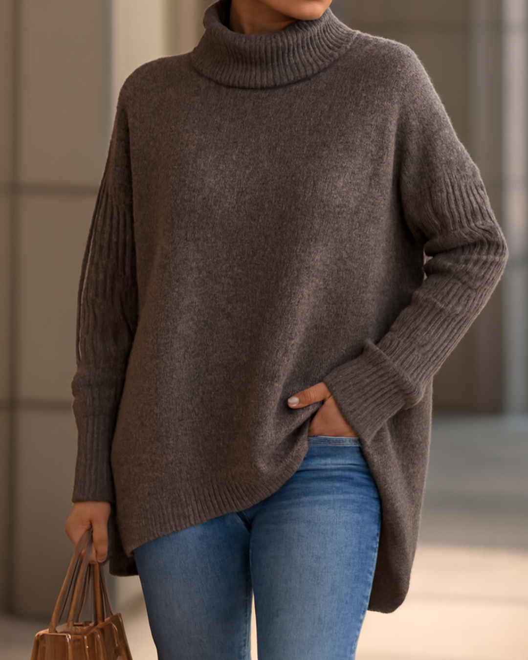Fenella long turtleneck sweater in espresso brown, front view showing ribbed sleeves