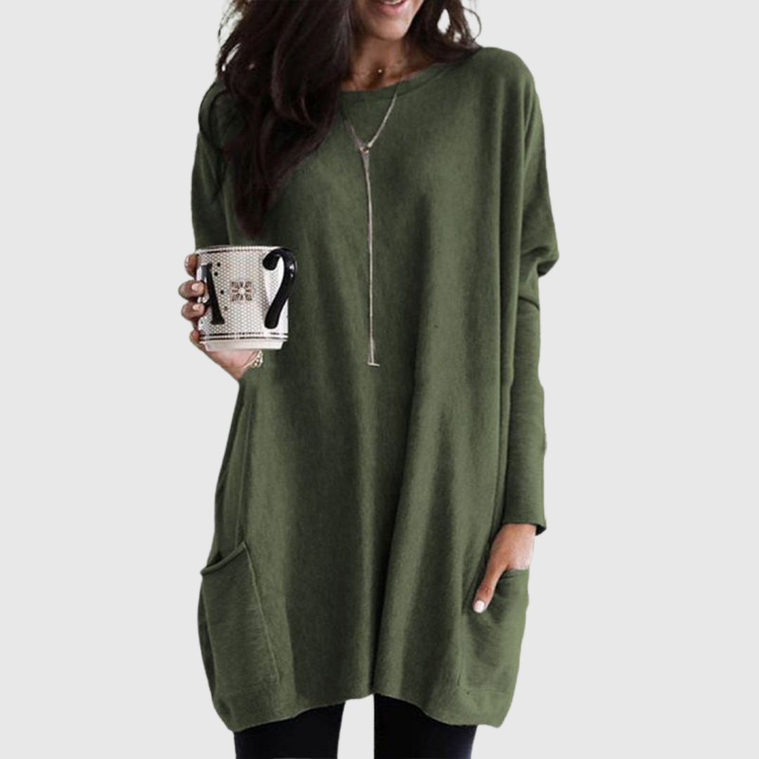 Fenora relaxed pocket tunic in olive green, full front view