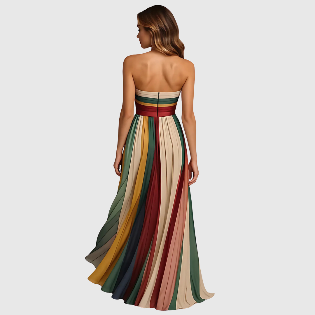 Isola maxi dress in multicoloured stripes, back view