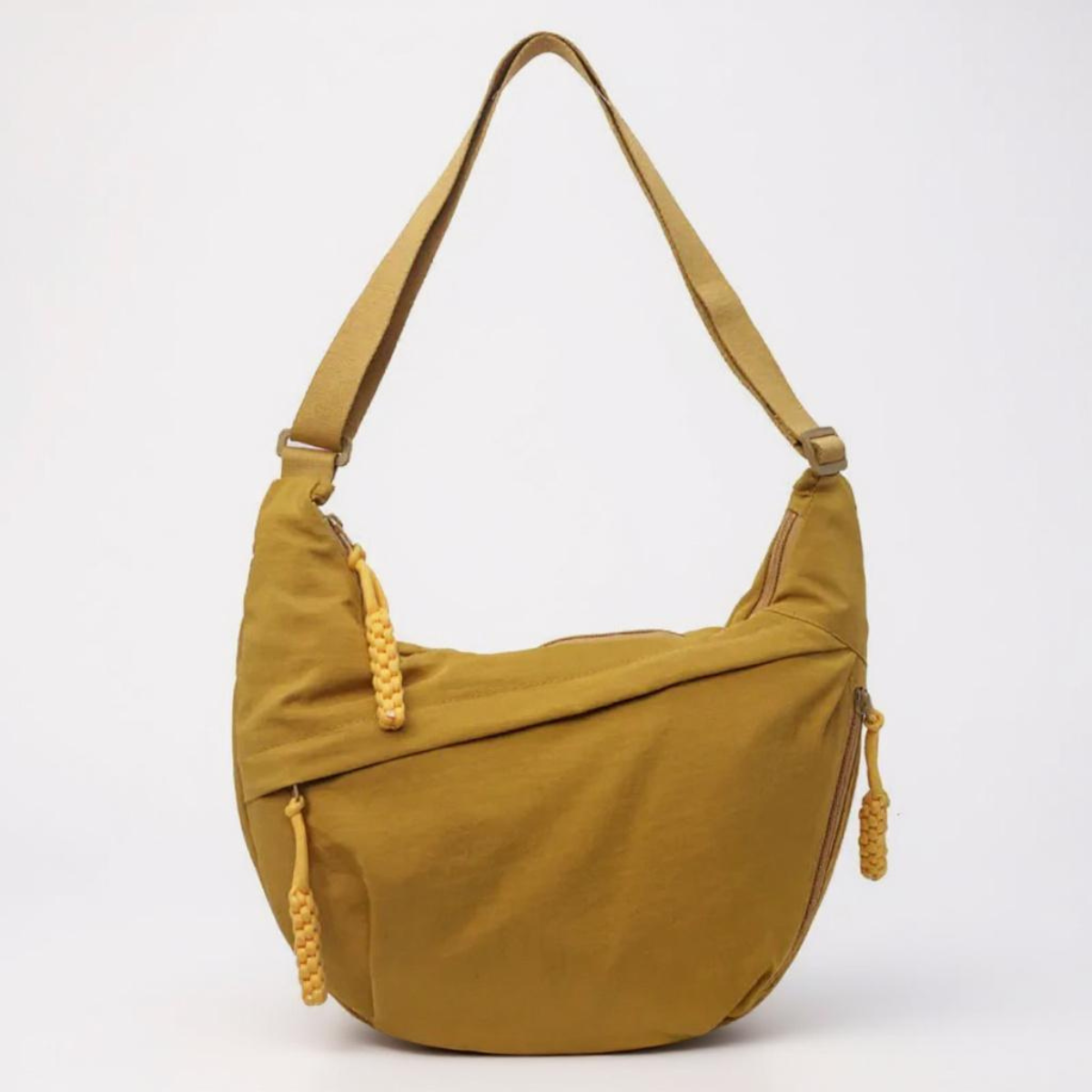 Matilda crescent shoulder bag in ochre, front view with adjustable strap