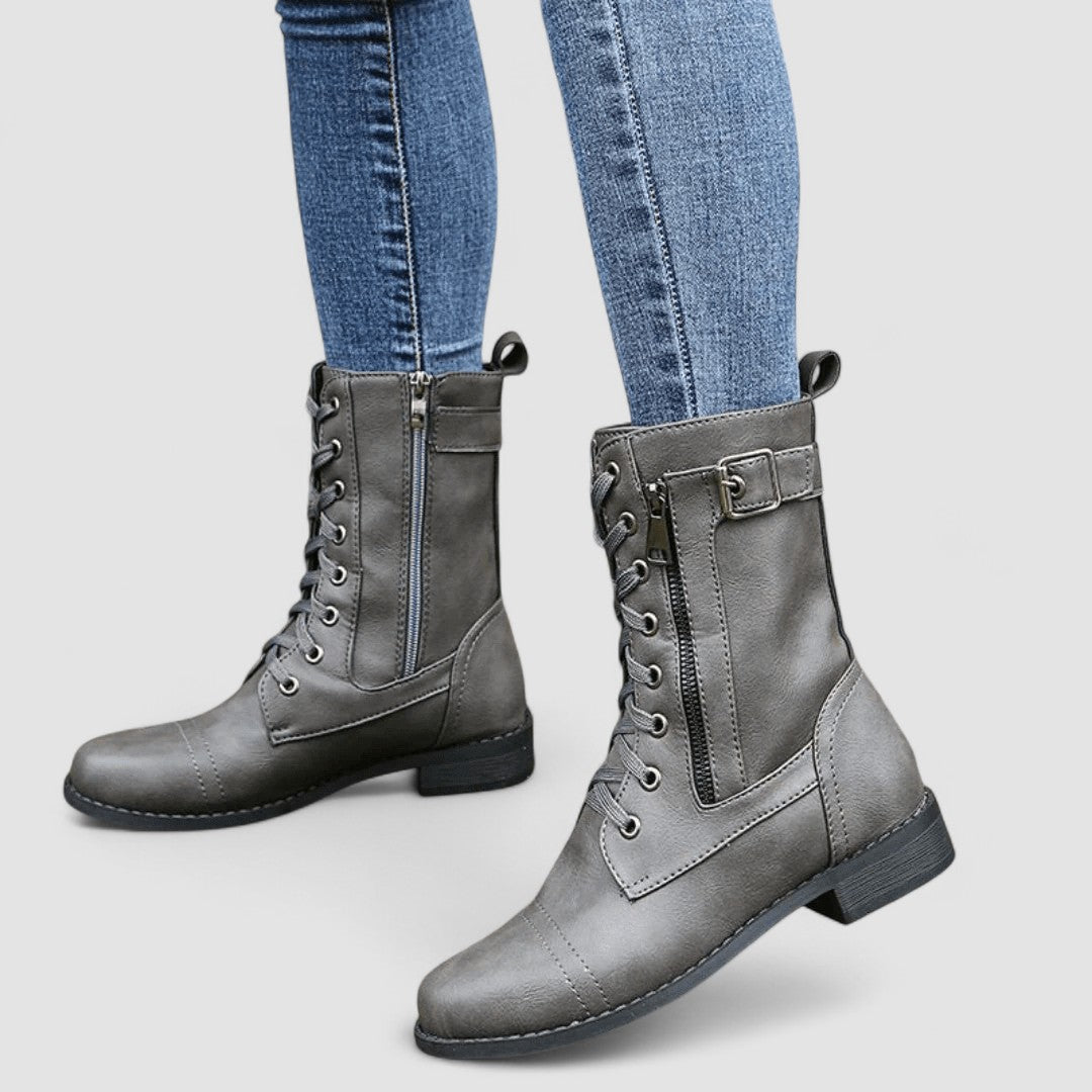 Tallulah buckled western boots in grey, worn front view