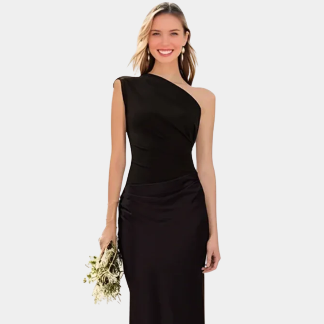 Aleida one-shoulder maxi dress in black, upper body front view
