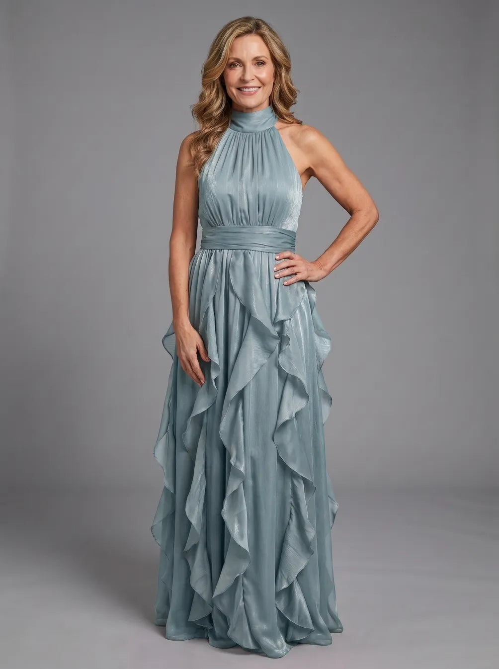 Orea high neck ruffle maxi dress in dusty blue, full-length front view