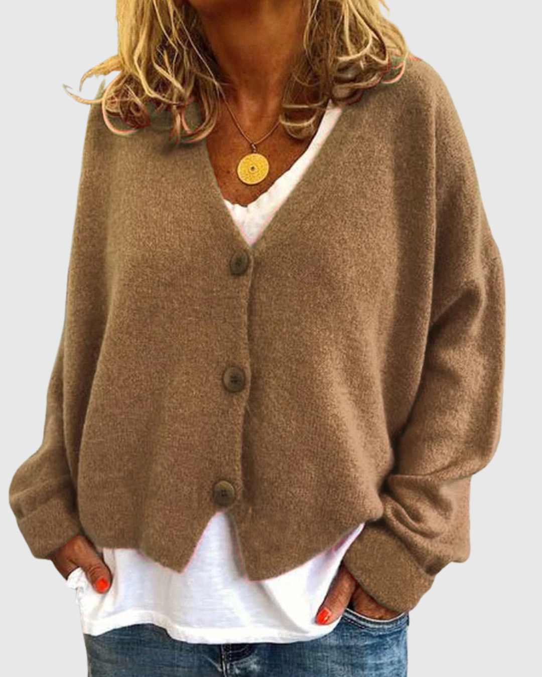 Evelora knit cardigan in brown, front view