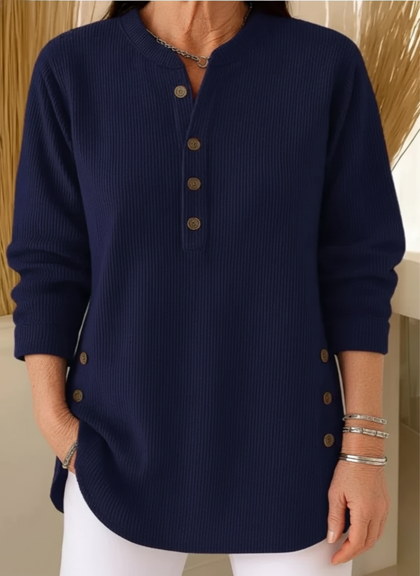Nysha ribbed button sweater in navy blue, front view