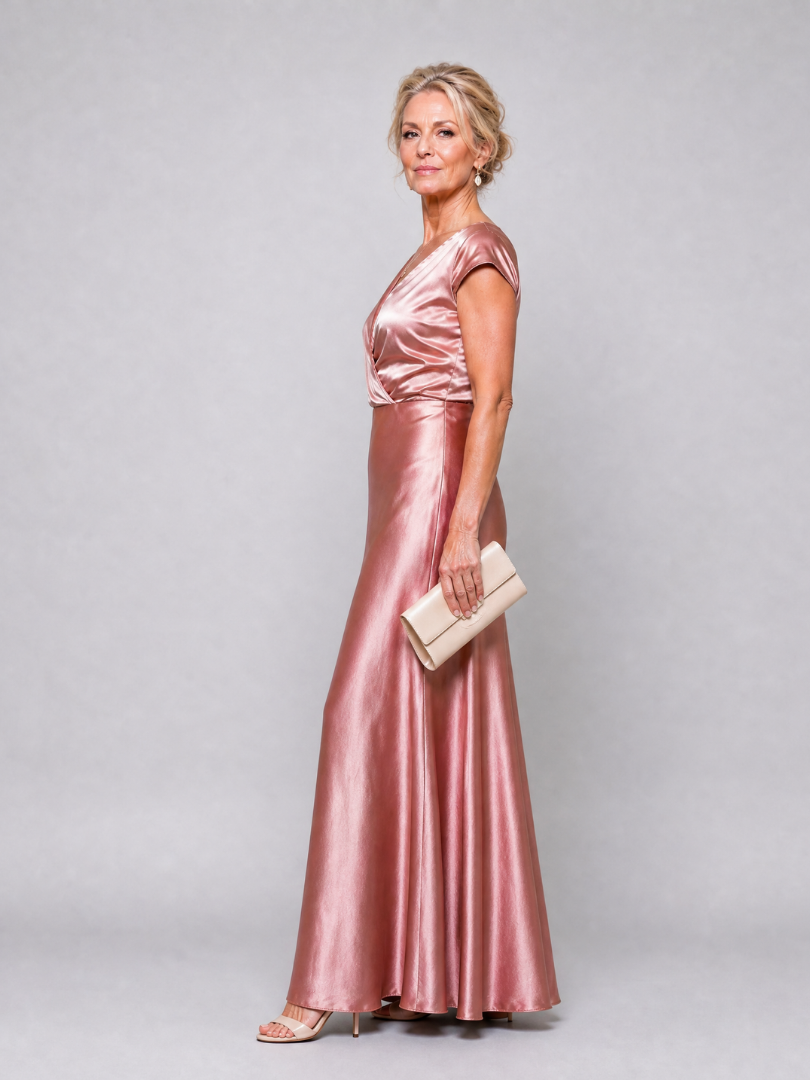 Samouse wrap maxi dress in rose gold, side view with clutch