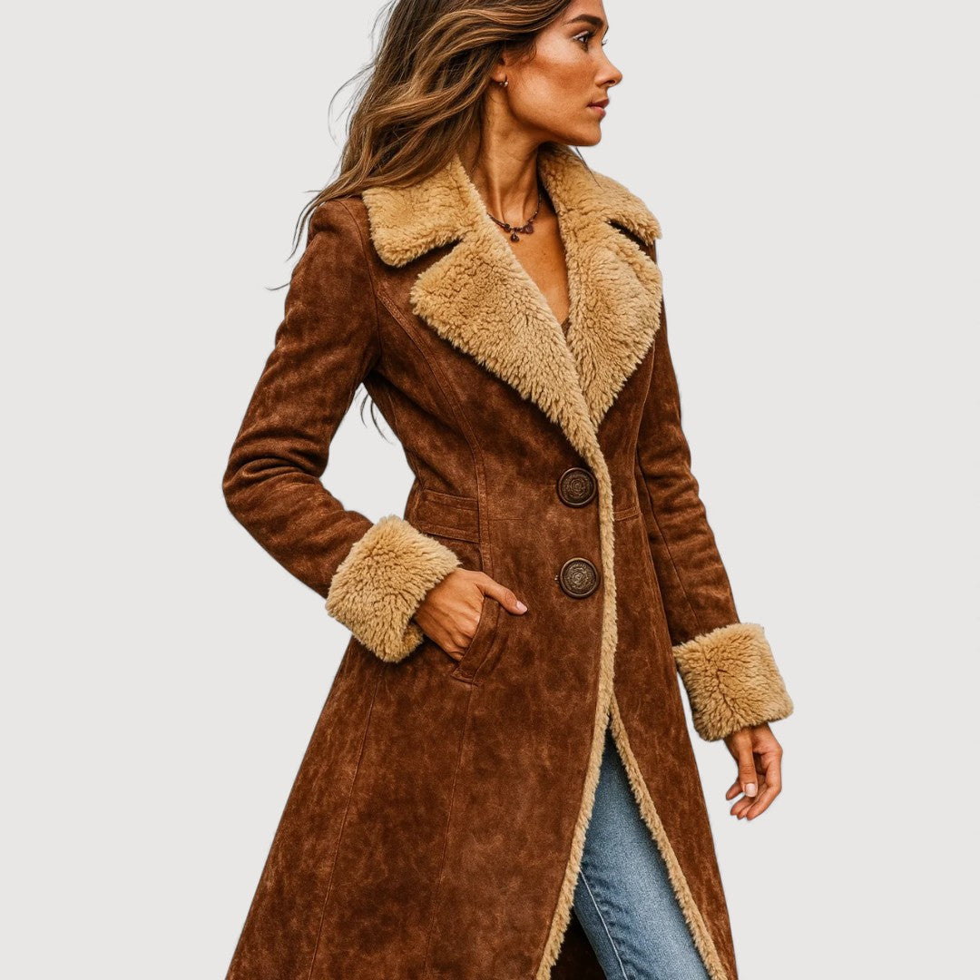 Arielle shearling coat in brown, close view of collar, buttons and pocket