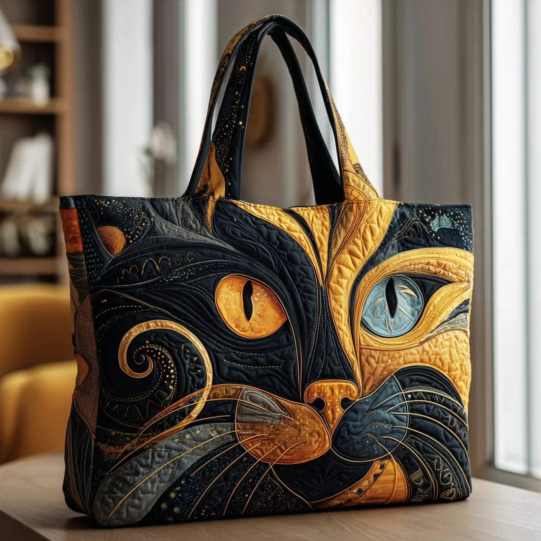 Handcrafted mystical cat tote bag in black and gold, front view