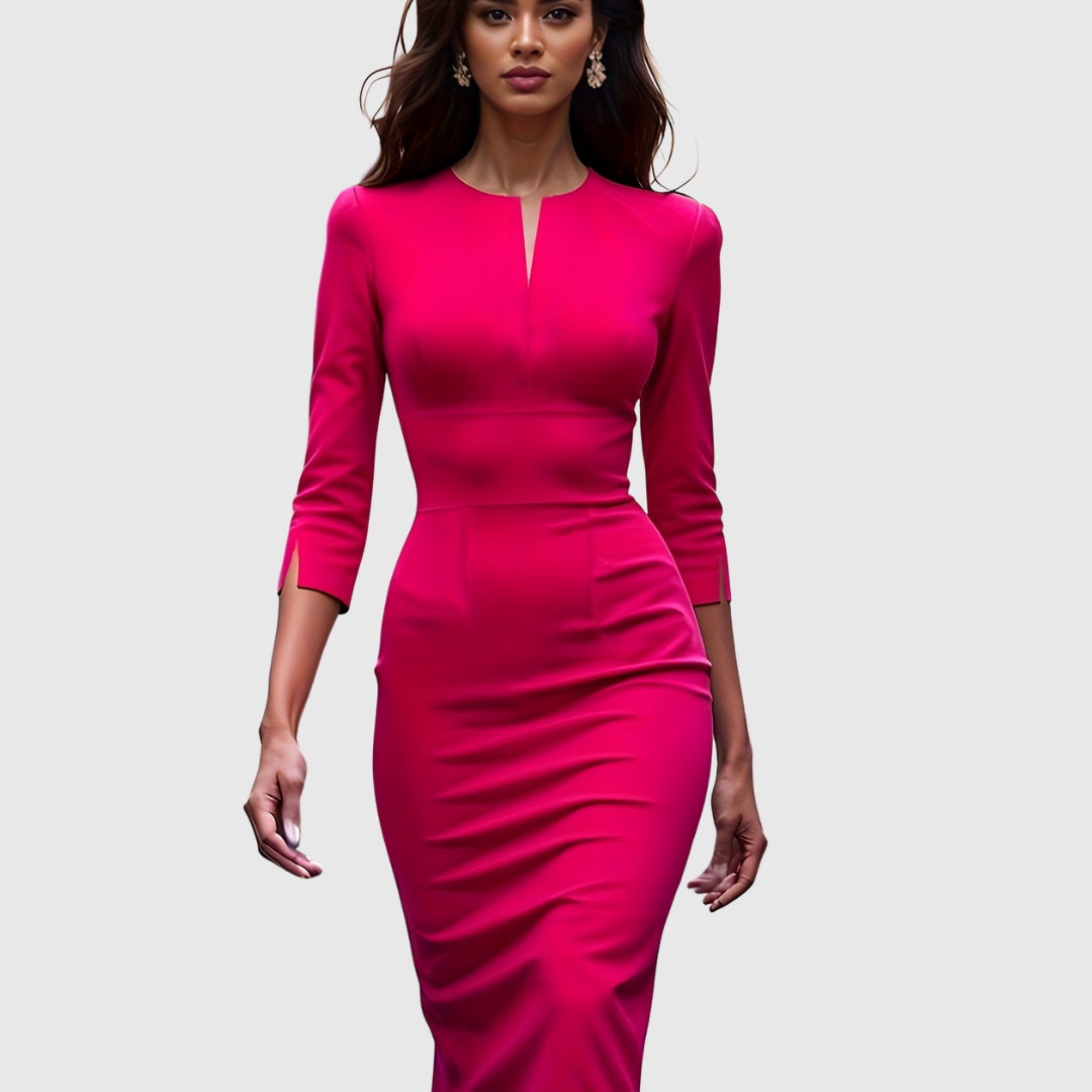 Scarlot red bodycon midi dress in red, three-quarter sleeve detail