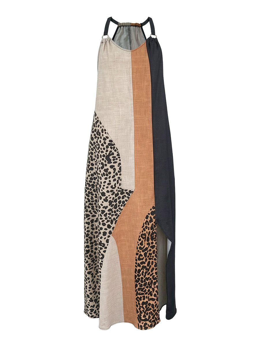 Myrna leopard halter maxi dress, front view on plain background