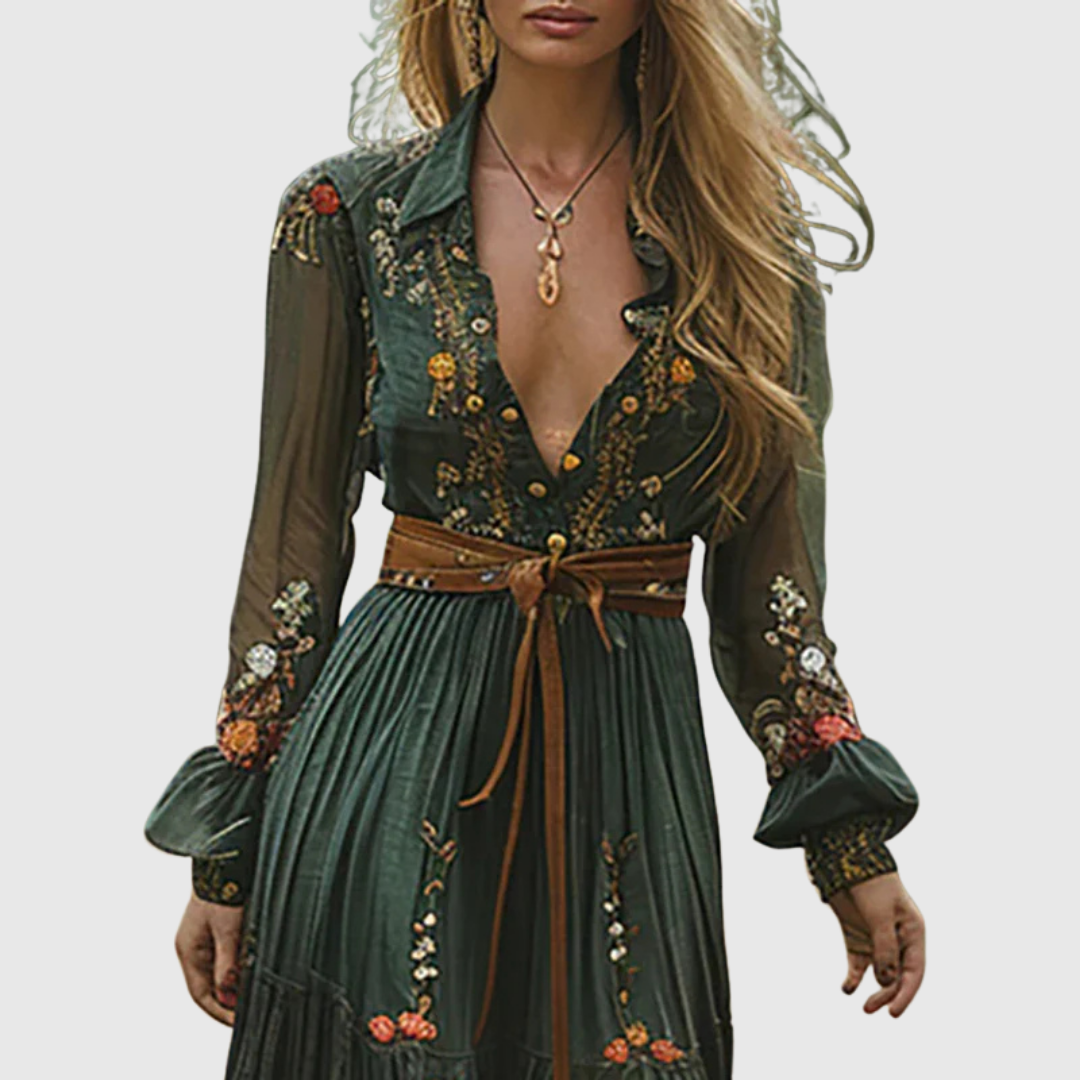 Alina Soleil maxi dress in green, close-up of deep V neckline and embroidery