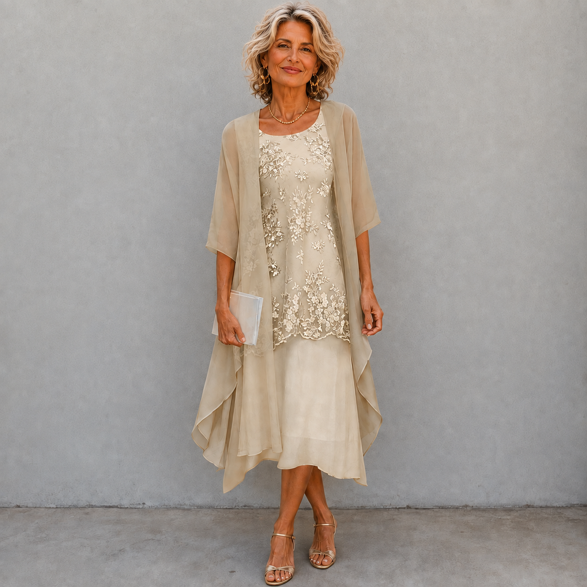 Lumi chiffon two-piece dress in champagne, full-length front view on model