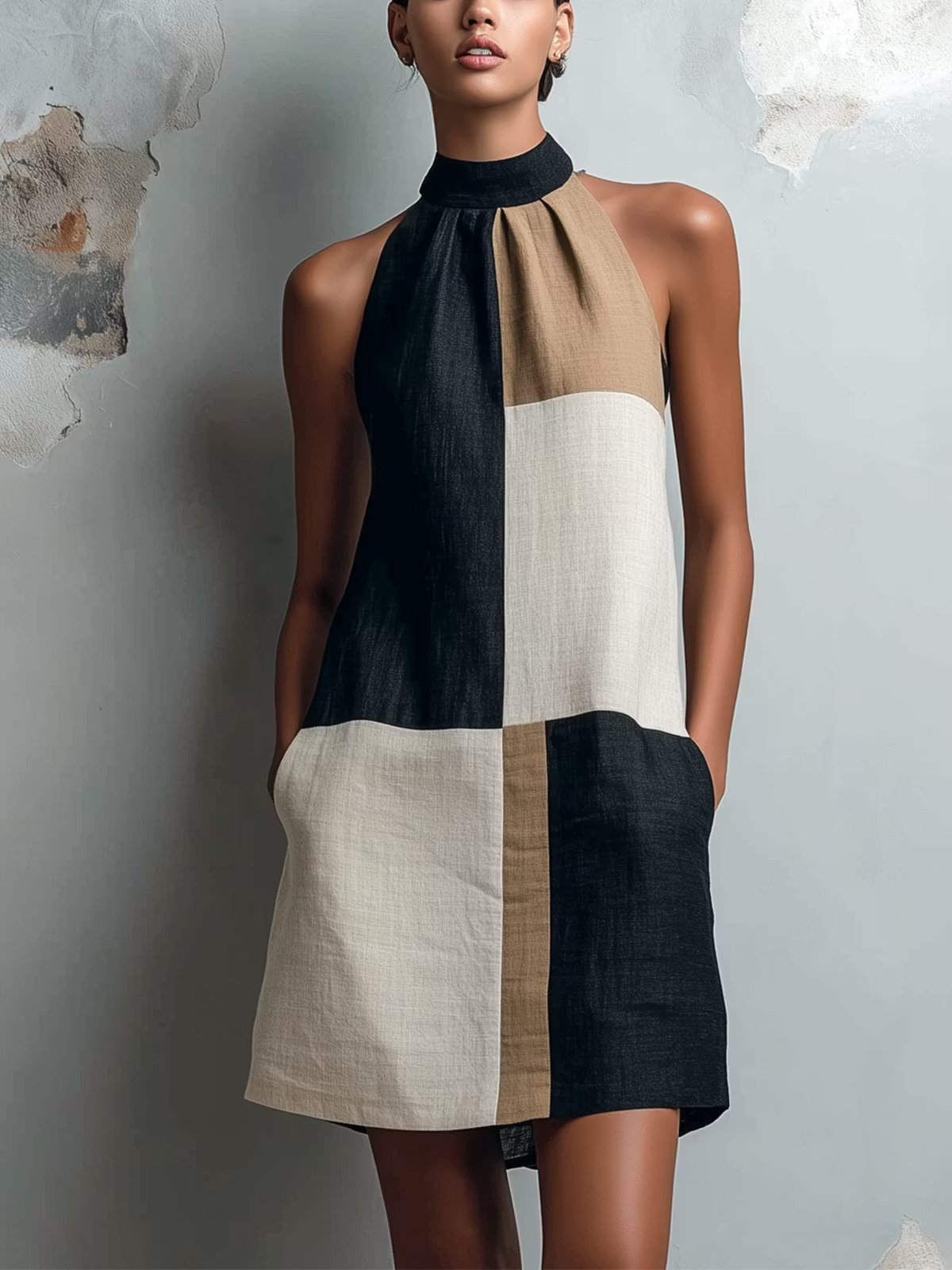 Sabrina colour-block halter mini dress in black, tan and cream, front view