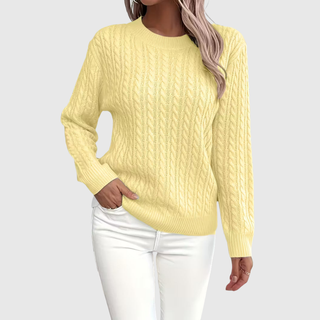 Isla cable-knit sweater in yellow, front view on model