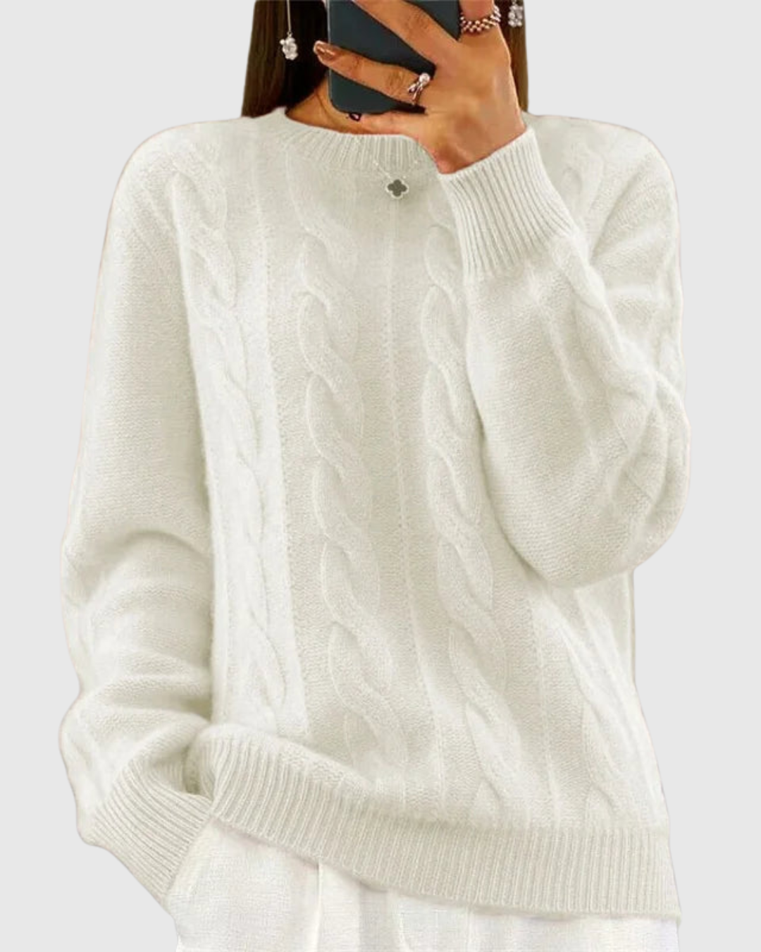 Lorna classic knit jumper in white, front view with cable-knit panels