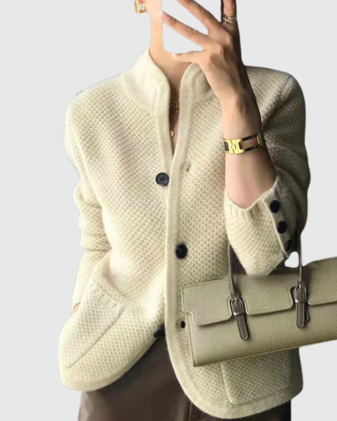 Meliora waffle-knit cardigan in beige, front view with stand-up collar
