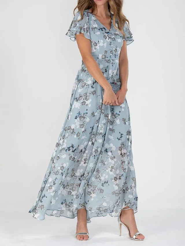 Judith floral dress in light blue, studio front view