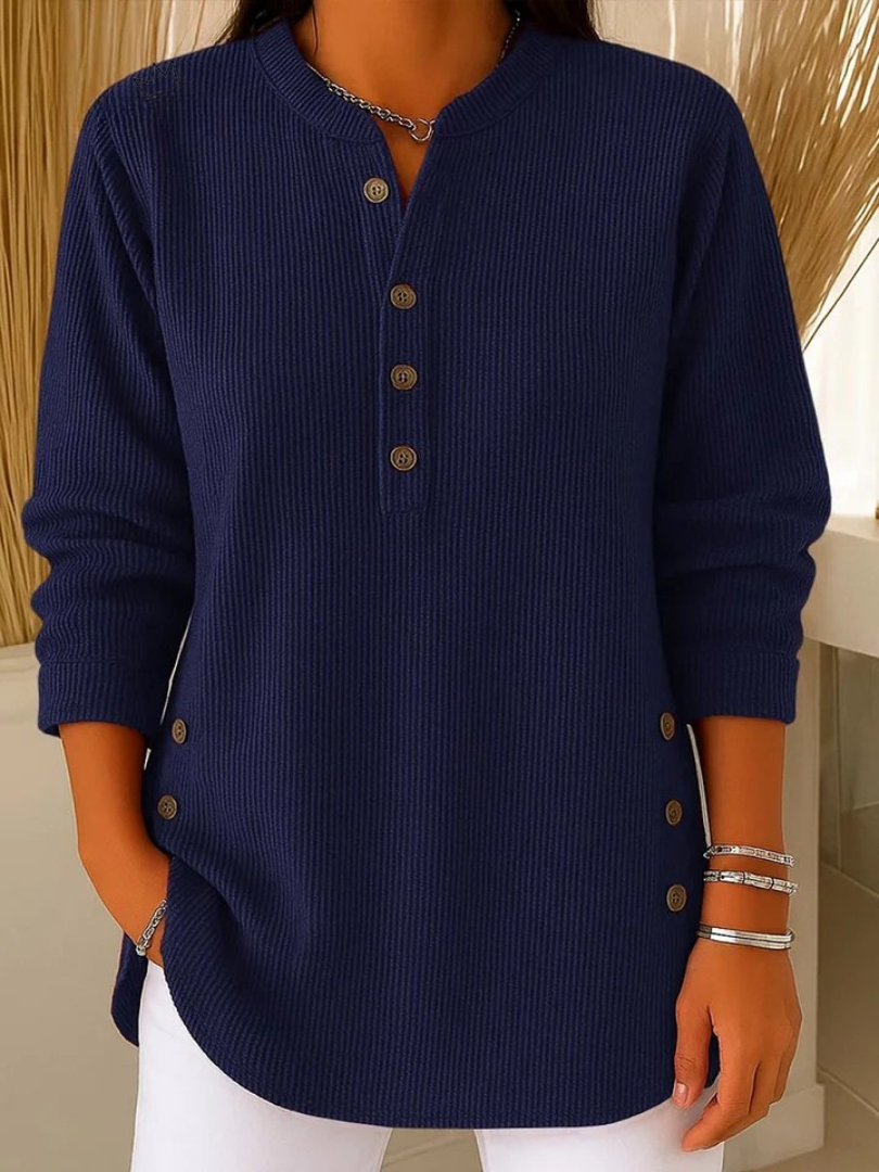 Nieves buttoned Henley tunic in navy blue, front view