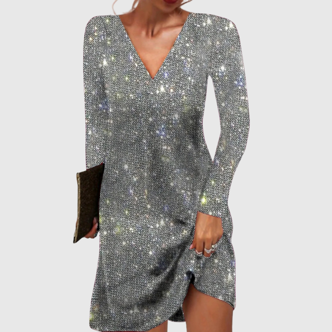 Celine sequin mini dress in silver, full front view
