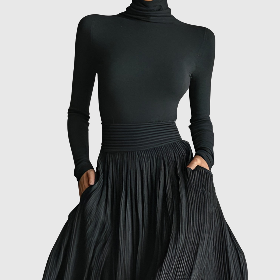 Cerynn maxi skirt set in black, detail of fitted high-neck top and waistband