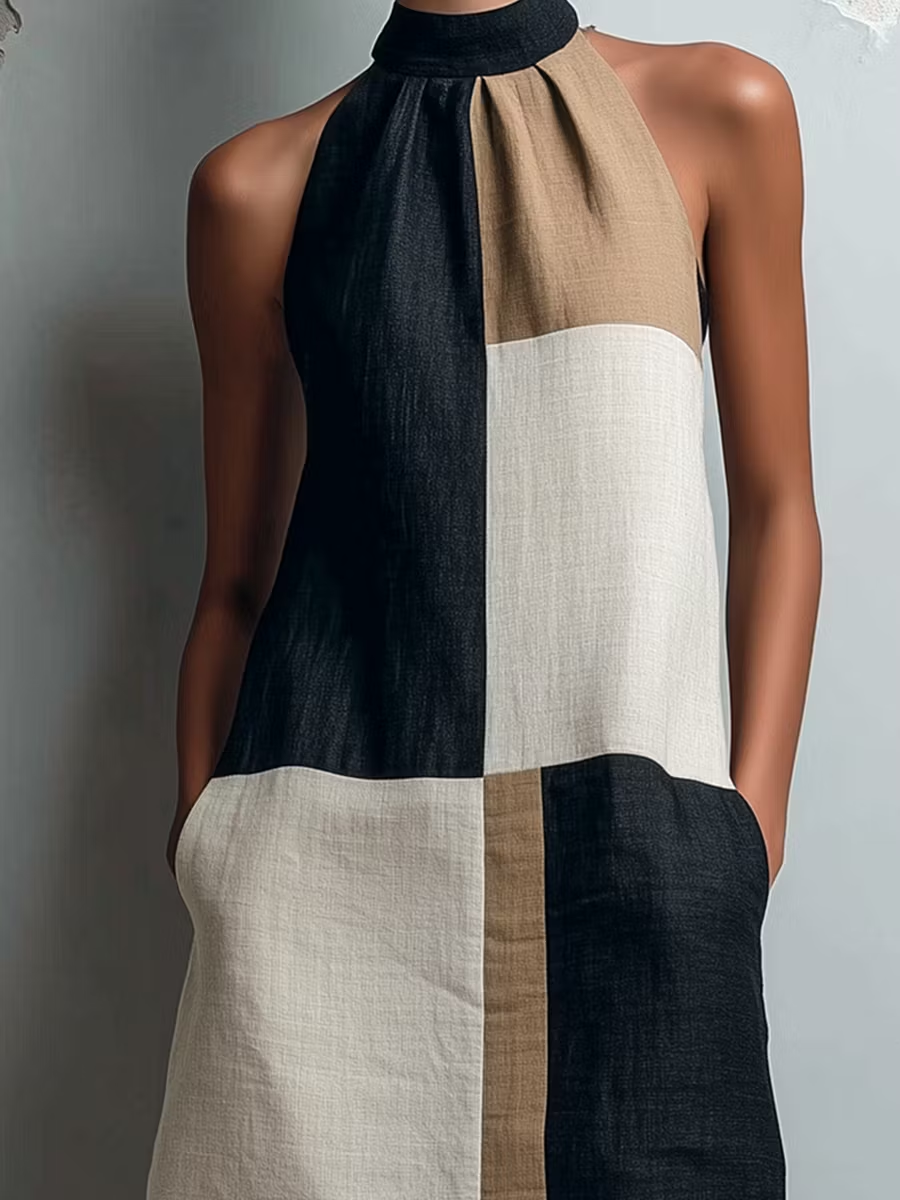 Sabrina halter mini dress close-up of gathered collar and colour-block panels