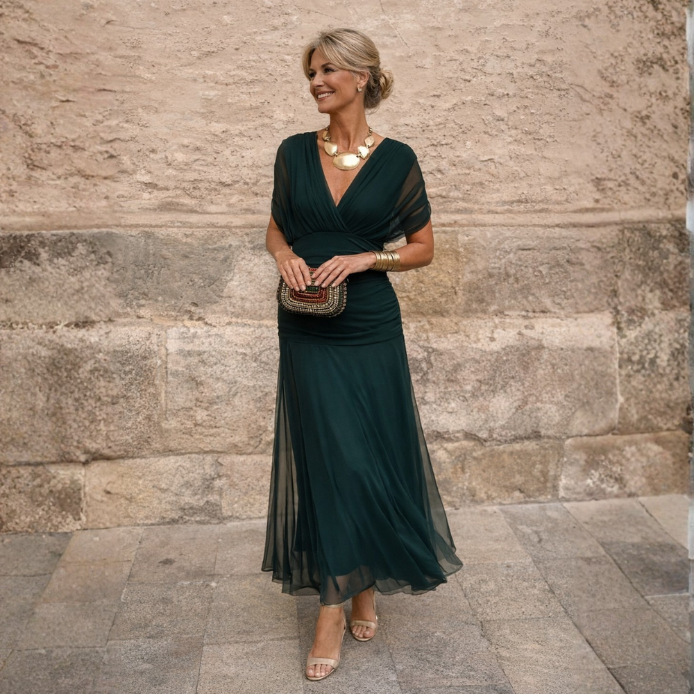 Maya maxi dress in dark green, full-length front view