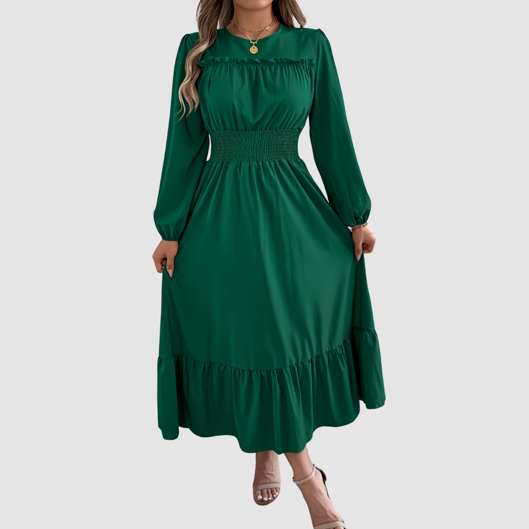 Isola Lane ruffled hem midi dress in dark green, full-length front view