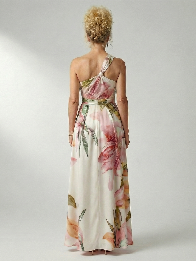 Amiel one-shoulder maxi dress in ivory pink print, back view