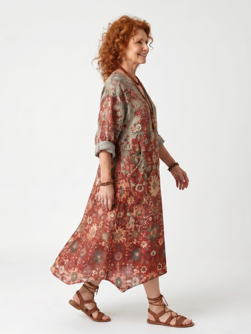 Saffron mixed pattern midi dress in rust red, side view in motion