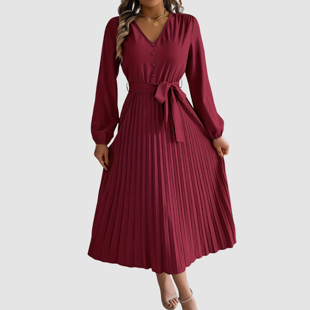 Celeste Bloom pleated midi dress in burgundy, full-length front view
