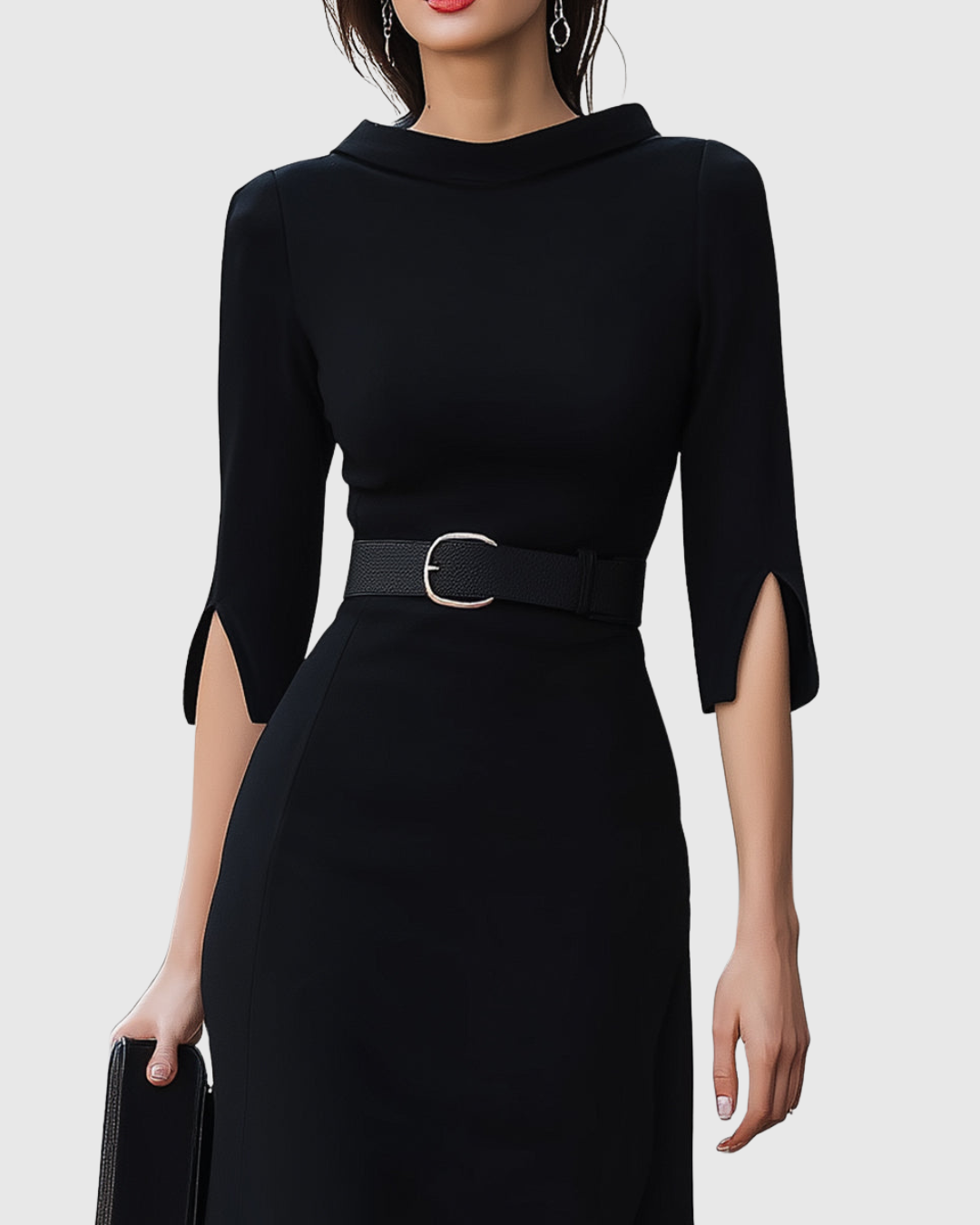 Blythewyn black midi dress, close-up of high neckline and sleeve slits