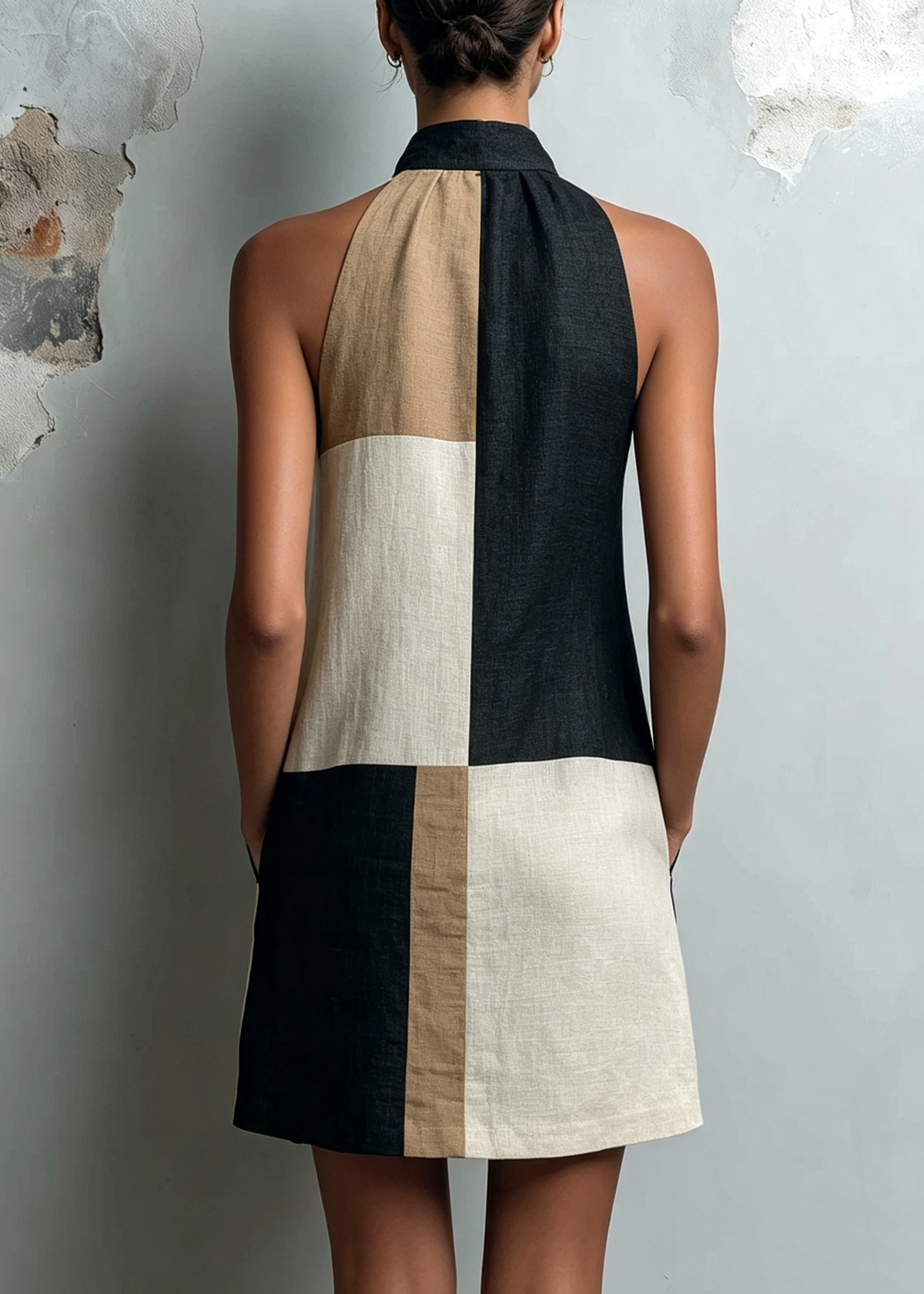 Sabrina colour-block halter mini dress in neutral tones, back view