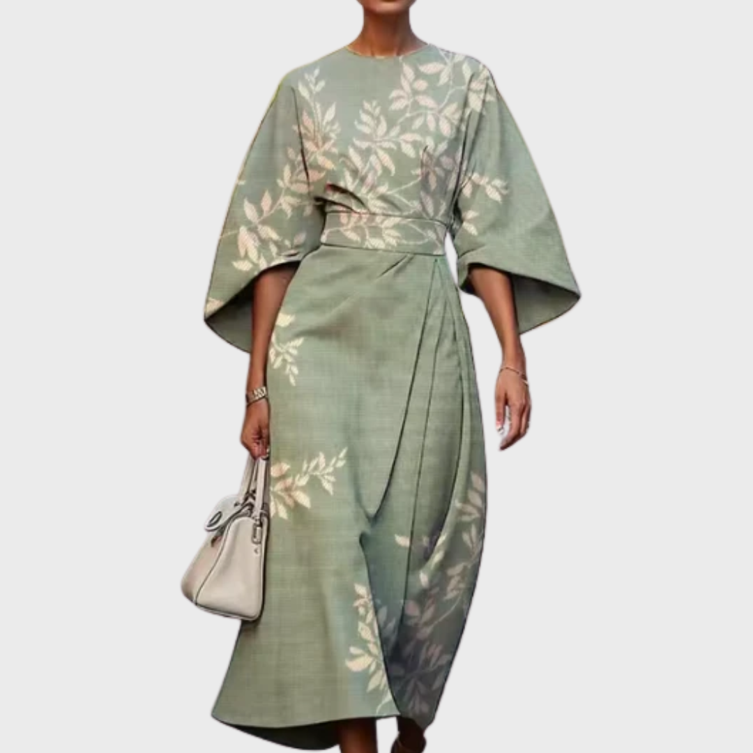 Edrica floral dress in green leaf print, full-length front view