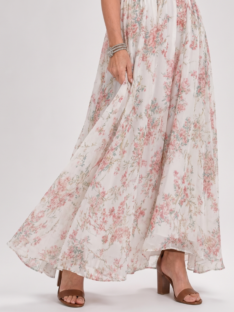Guinevere dress flowing floral skirt and hem detail in ivory pink