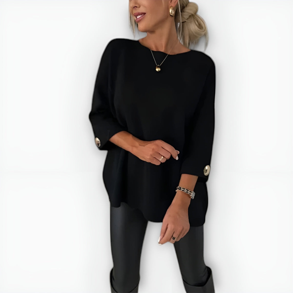 Julianette elegant sweater in black, full front view worn with leggings