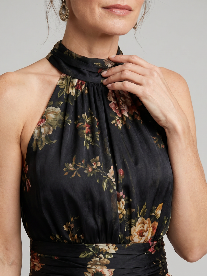 Sior dress close-up of gathered halter neckline and floral print