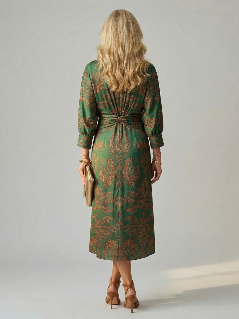 Hazel twist-front printed midi dress in dark green, full-length back view