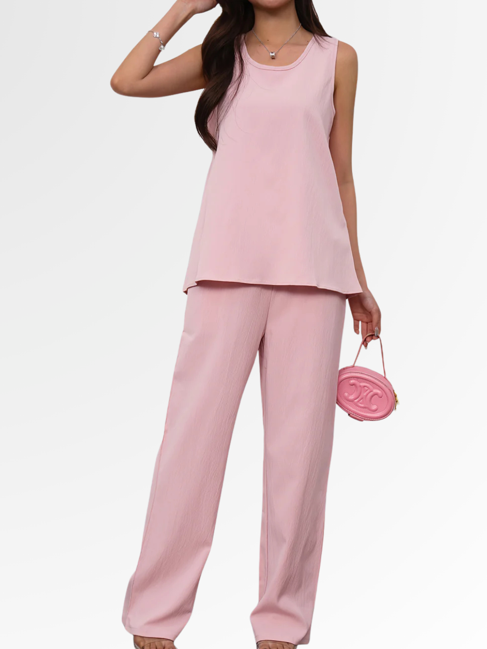 Catherine relaxed two-piece set in pink, full-length front view