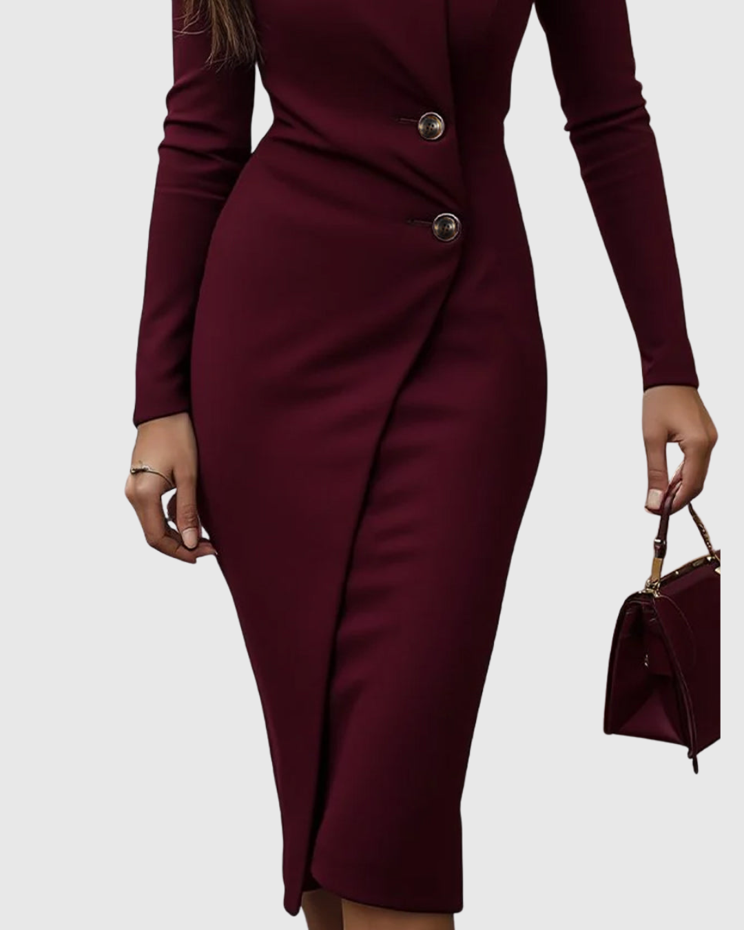 Luned midi dress in burgundy, close-up of wrap skirt and hem