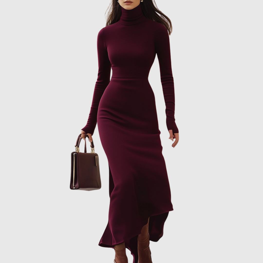 Isabelle burgundy turtleneck dress in burgundy, full-length front view