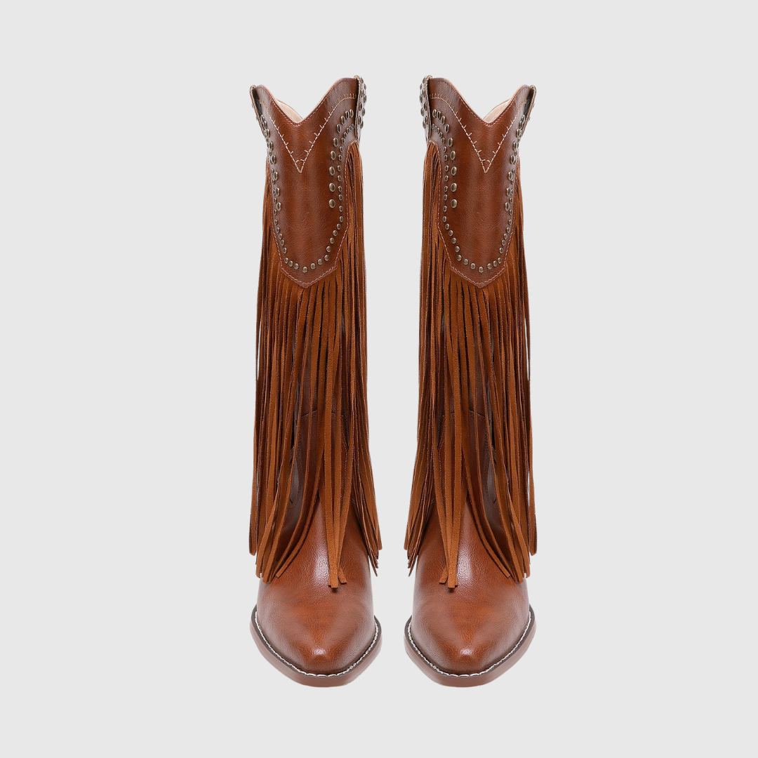 Damaris fringed Western boots in tan brown, front view with pointed toes