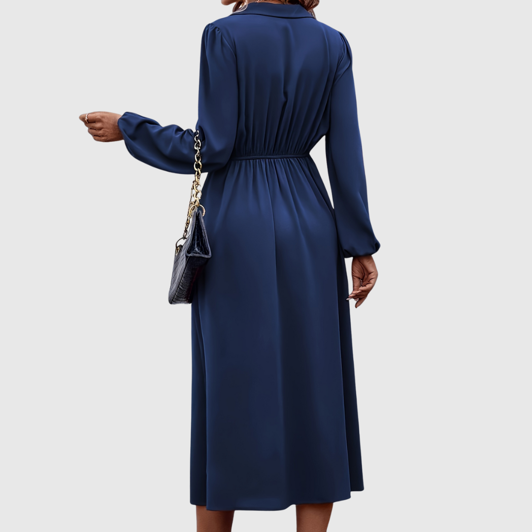 Islanna twist front midi dress in navy, back view with gathered waist