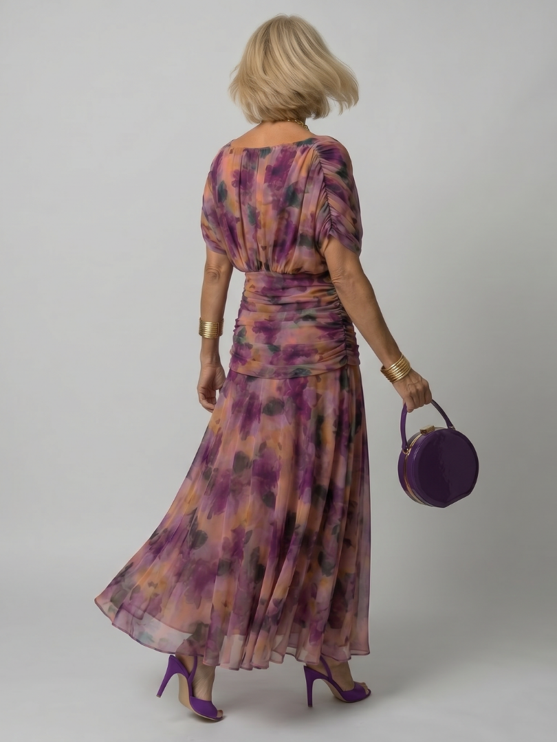 Calen off shoulder midi dress in purple floral, back view