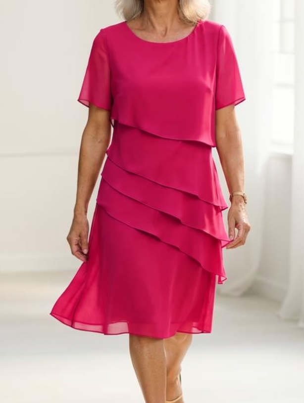 Linda layered chiffon ruffle dress in pink, front view