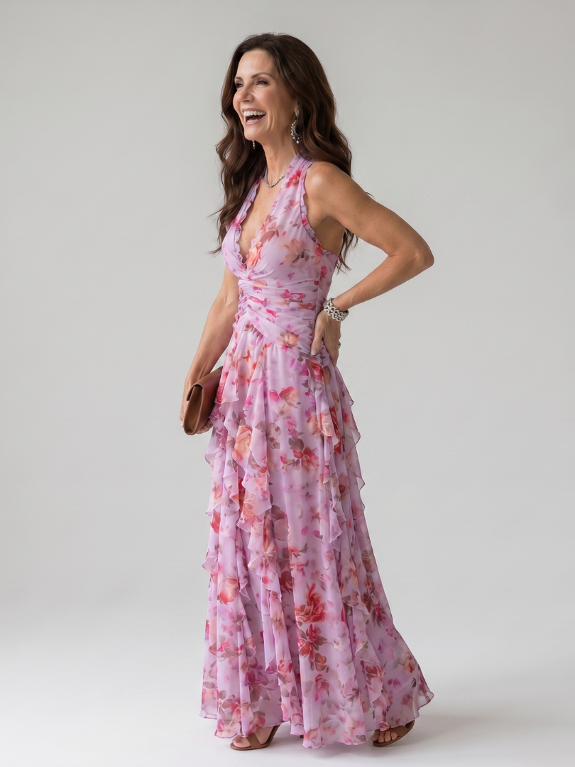 Nori floral maxi dress in pink, three-quarter side view